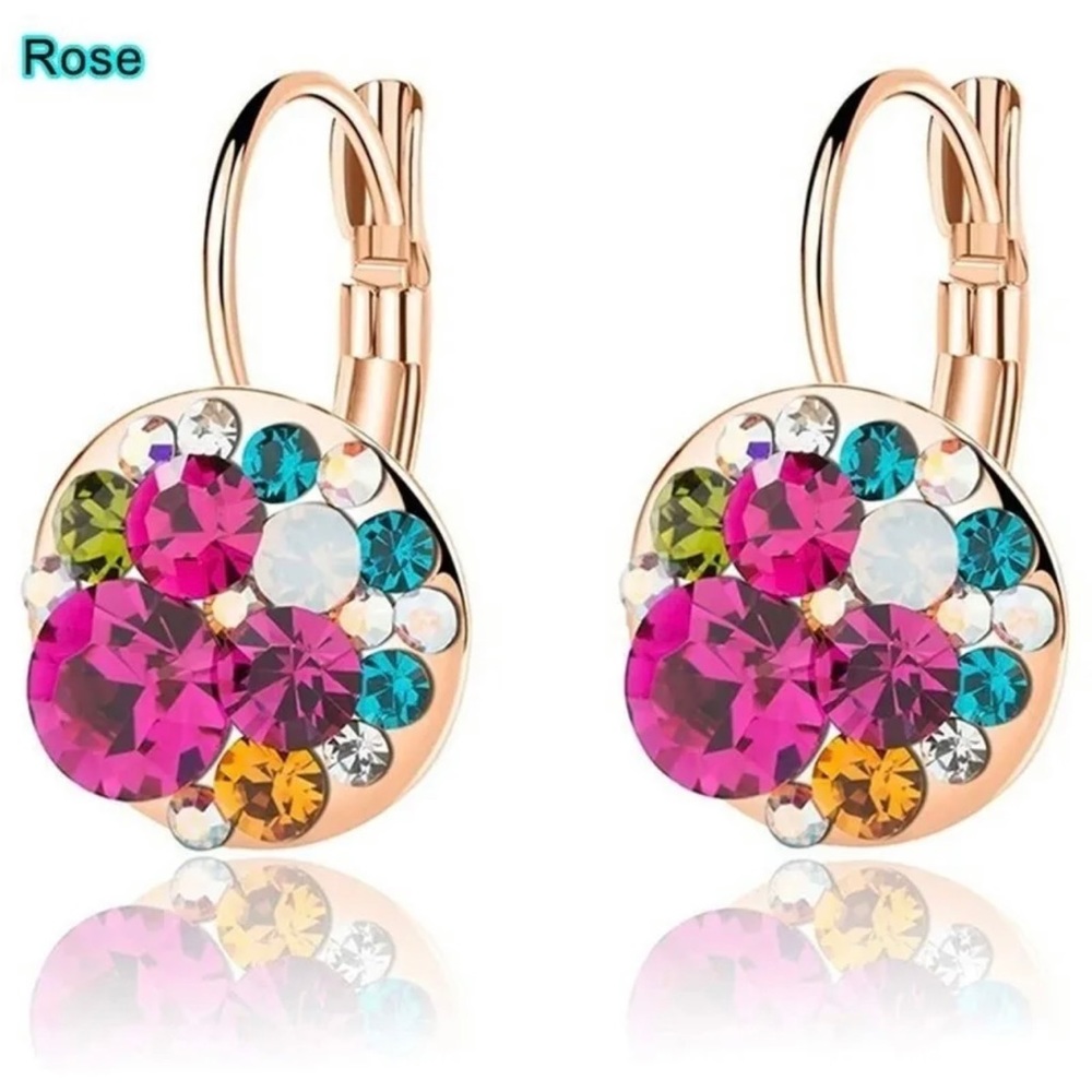 New Women Gold Rose Crystal Dangle Hoop Earring.
